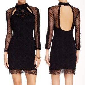 Free People Black Lace Mesh Mini Dress High Neck Open Back Long Sleeve